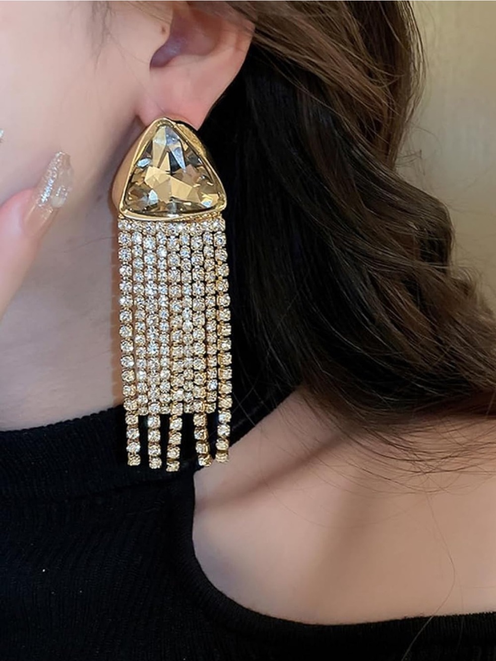 NEW Geometric Triangle Rhinestone Tassel Rhinestone Chain Earrings